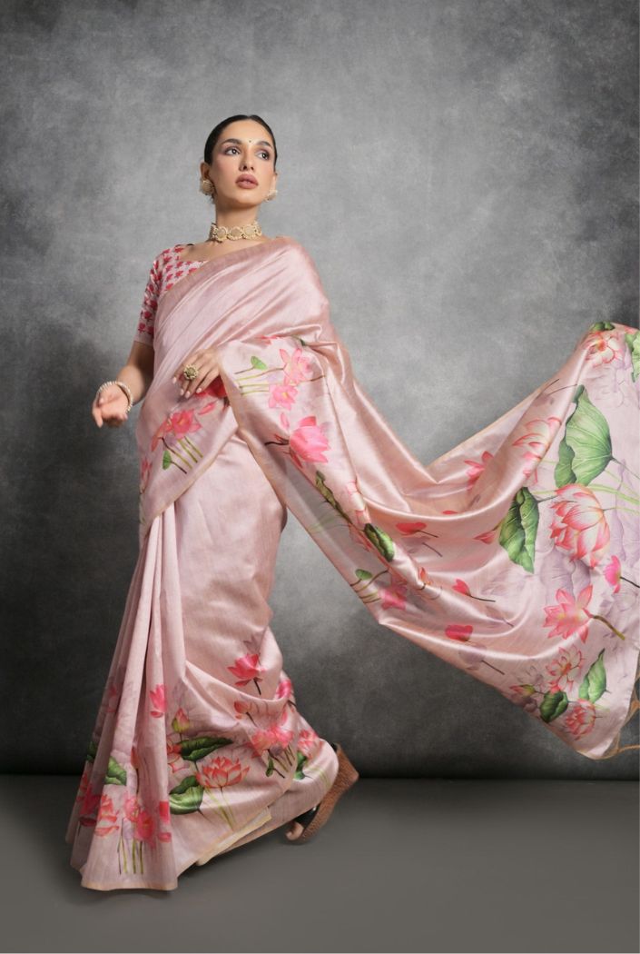 Pink Sherbert Floral Printed Tussar Silk Saree