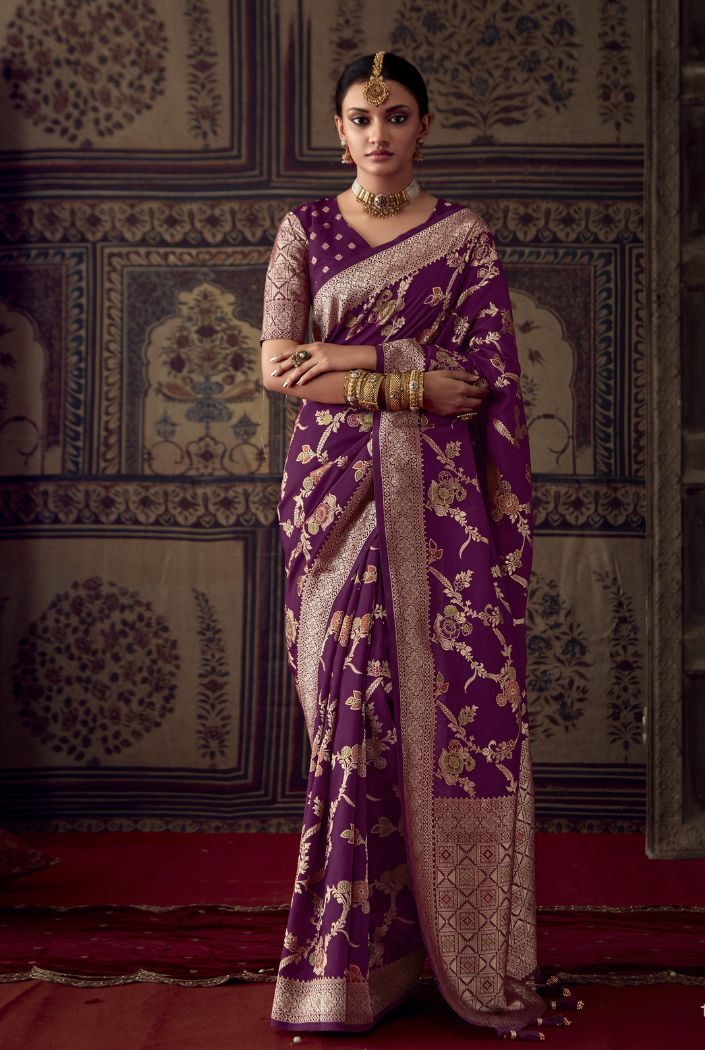 Wine Berry Purple Designer Banarasi Silk Saree