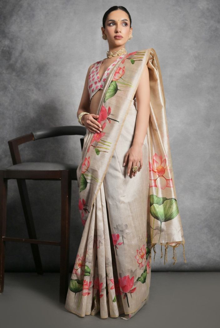 Soft Amber Cream Floral Printed Tussar Silk Saree