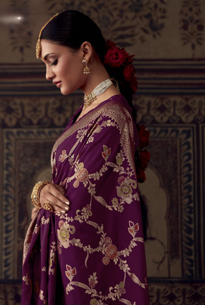 Wine Berry Purple Designer Banarasi Silk Saree