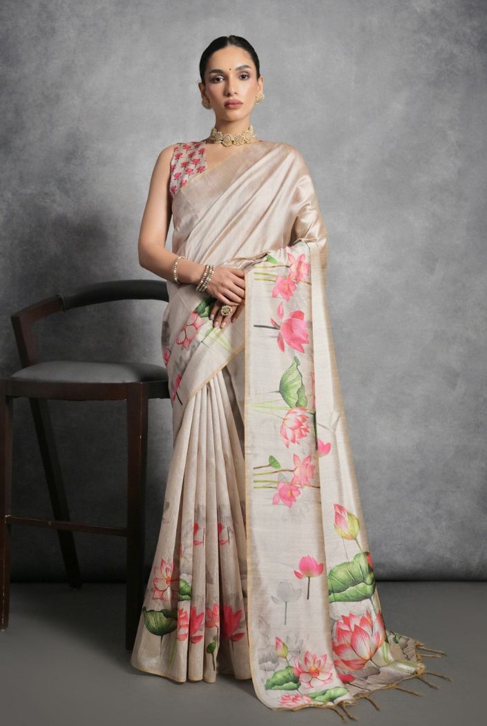 Soft Amber Cream Floral Printed Tussar Silk Saree