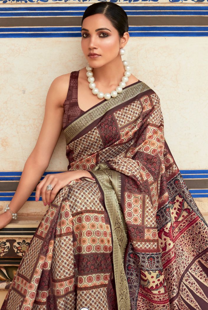 Syrup Brown Banarasi Printed Silk Saree