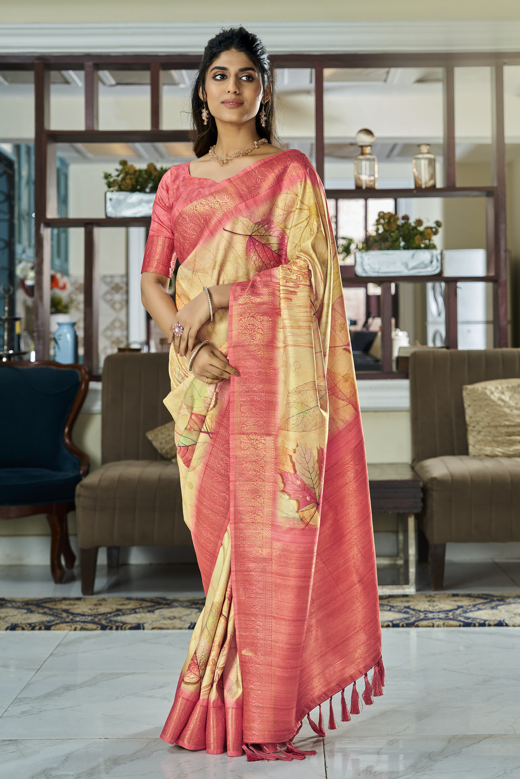 Whiskey Brown Banarasi Digital Printed Soft Silk Saree