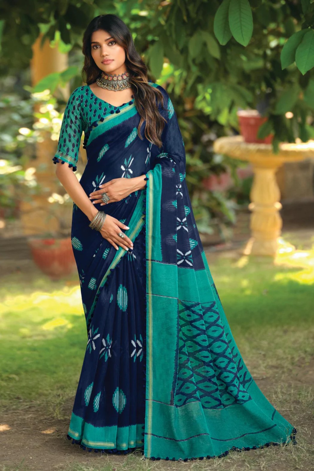 Firefly Blue Mul Mul Cotton Saree