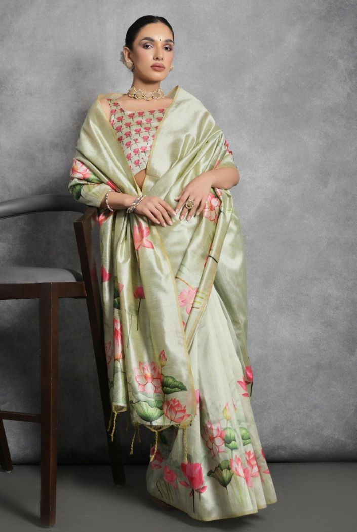 Moon Mist Green Floral Printed Tussar Silk Saree