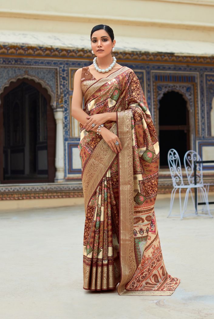 Goldfish Orange Banarasi Printed Silk Saree