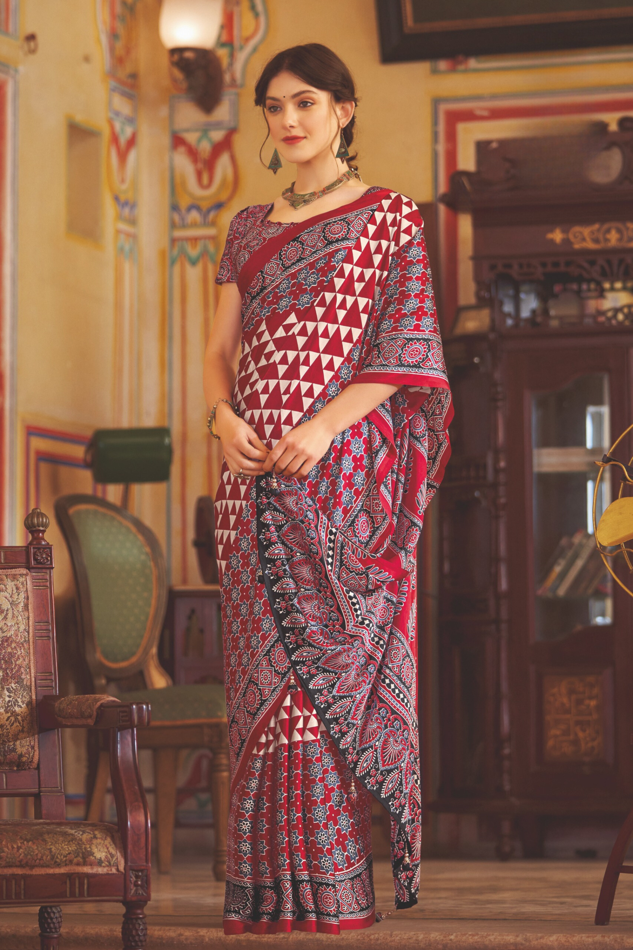 Tosca Maroon Ajrakh Printed Satin Crepe Saree