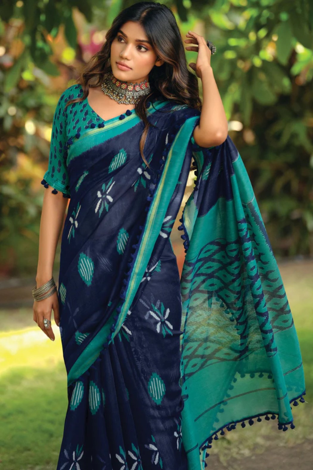 Firefly Blue Mul Mul Cotton Saree