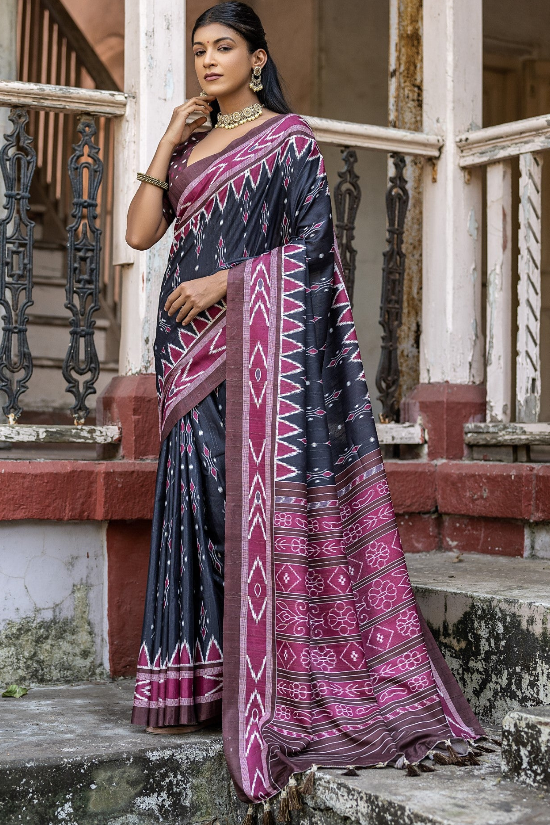 Charade Black Ikkat Printed Cotton Silk Saree