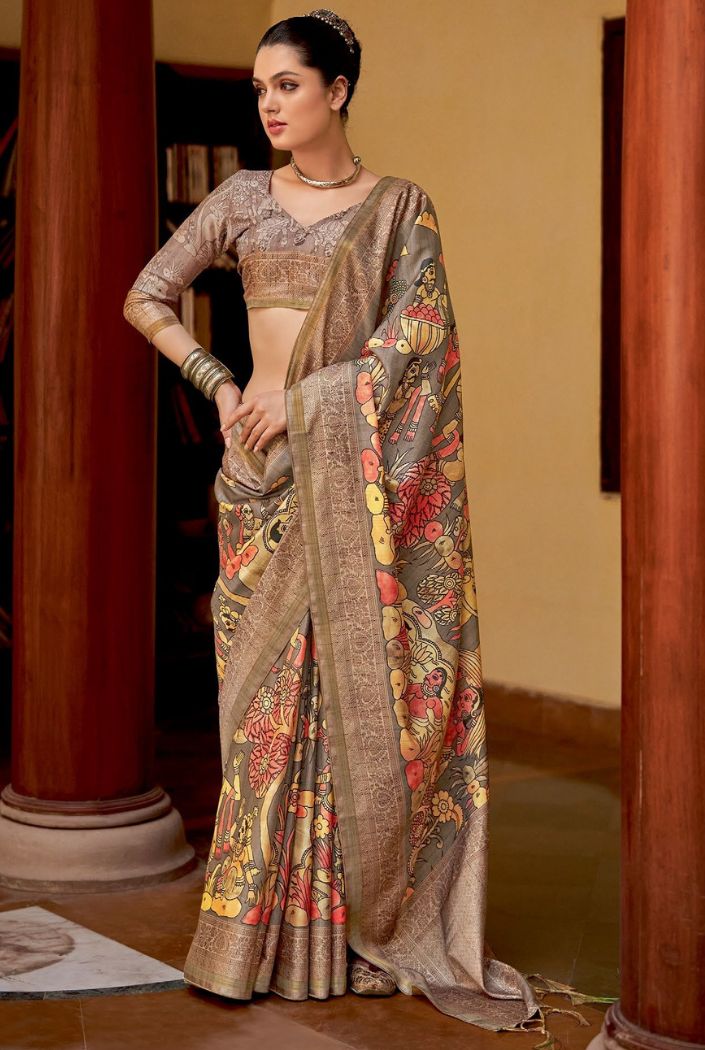 Dirt Brown Chitrapatta Kalamkari Saree