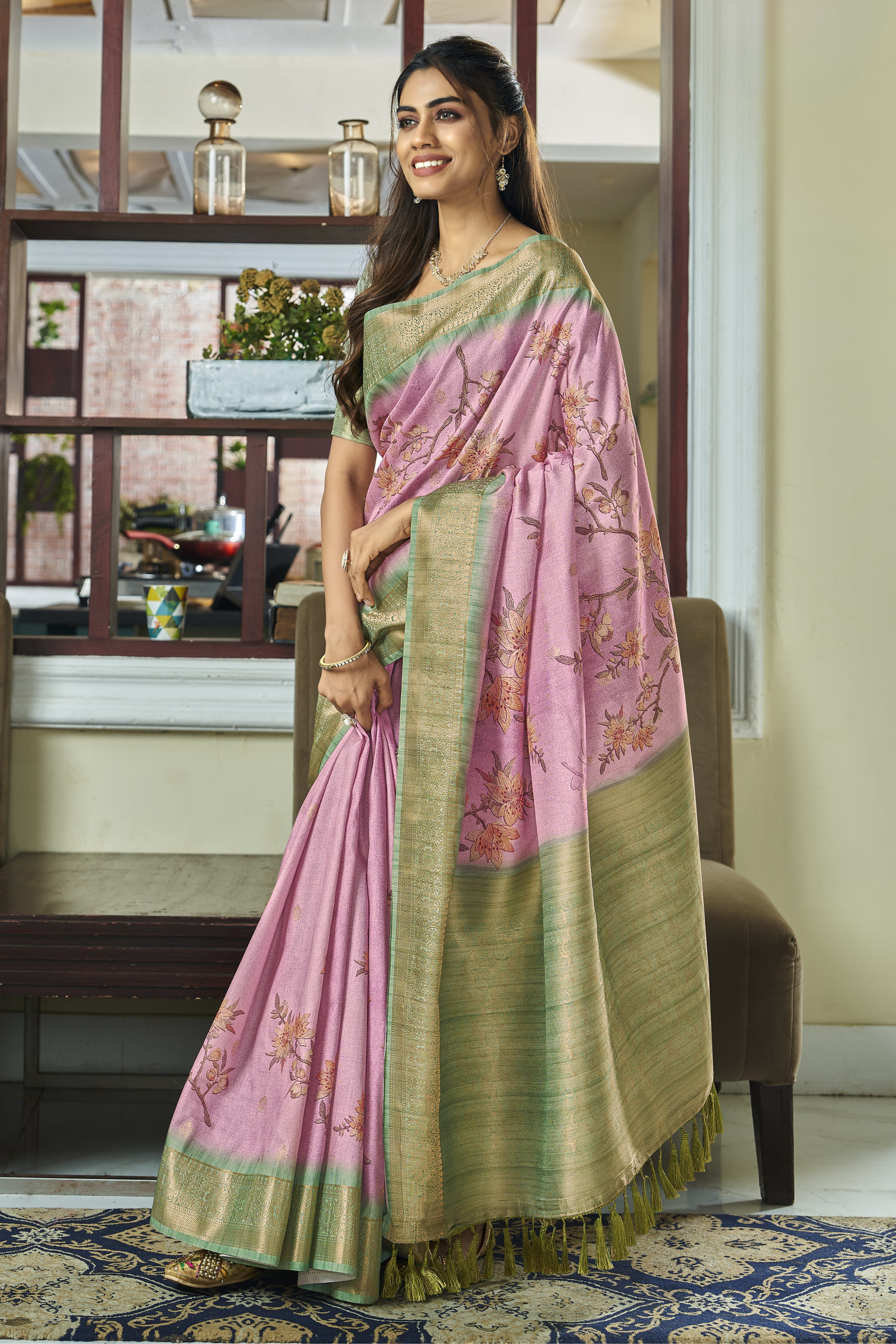 Careys Pink Banarasi Digital Printed Soft Silk Saree