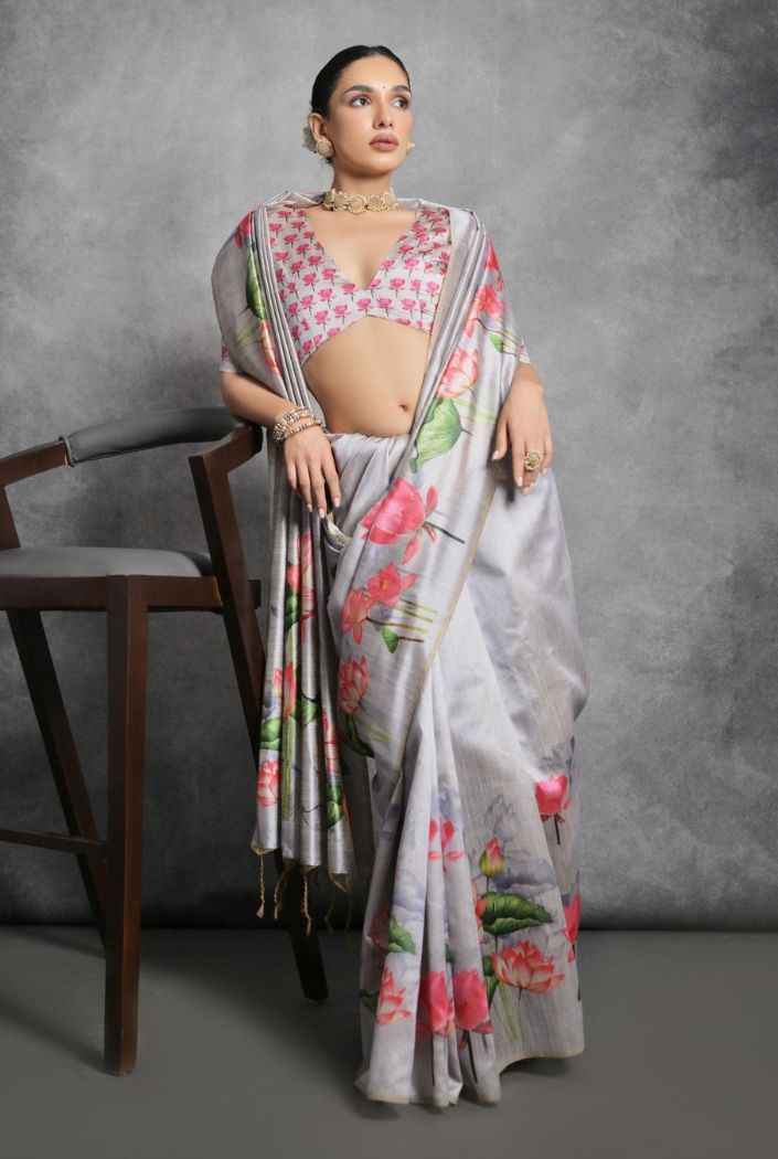 Pale Slate Grey Floral Printed Tussar Silk Saree