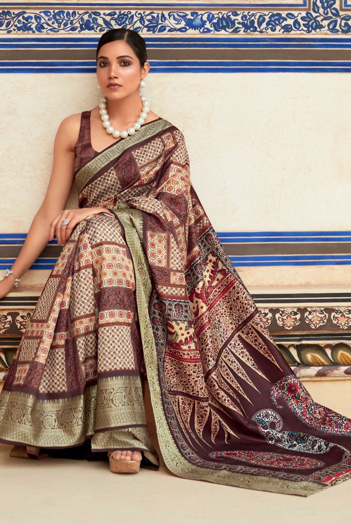 Syrup Brown Banarasi Printed Silk Saree