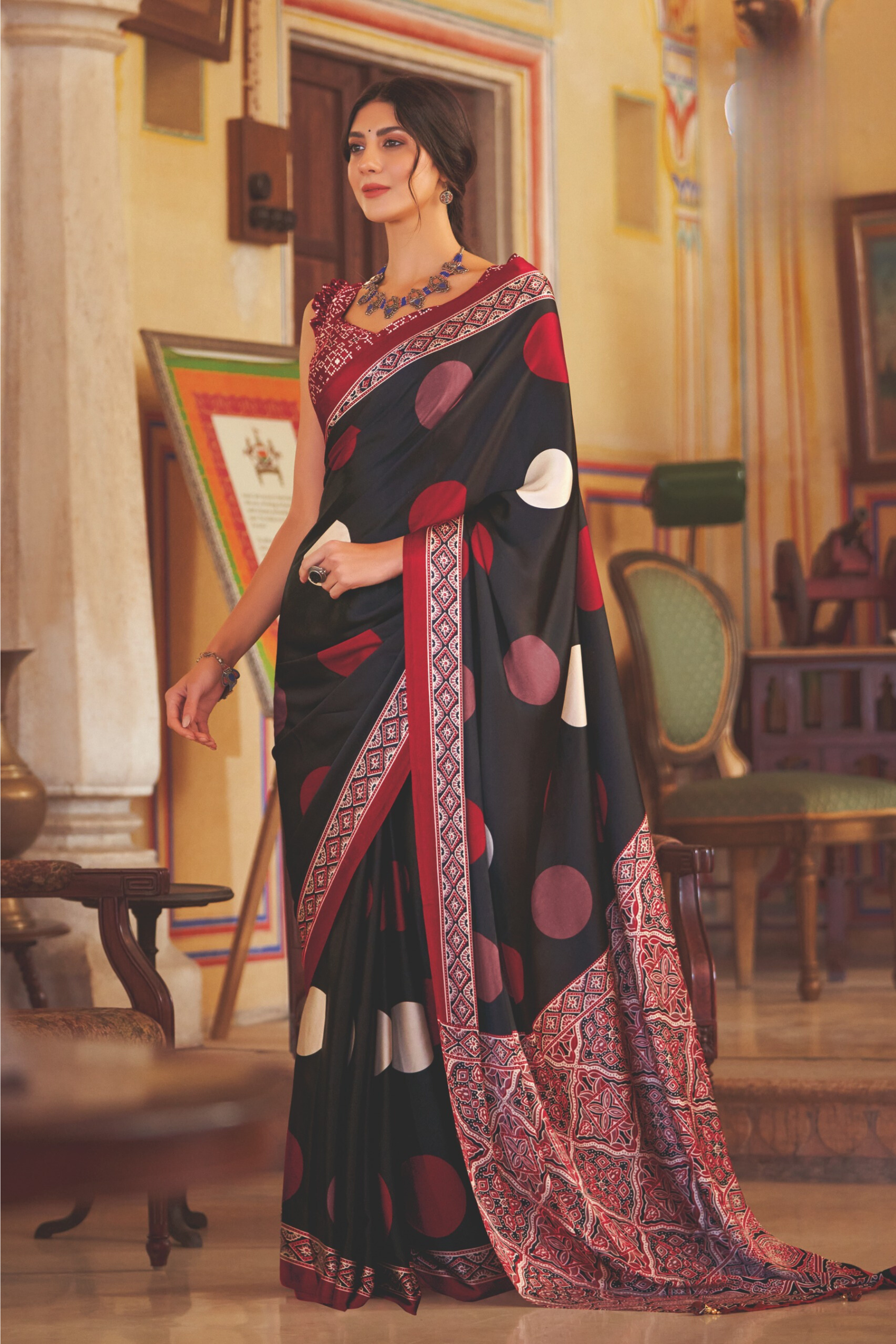 Mine Shaft Black Ajrakh Printed Satin Crepe Saree