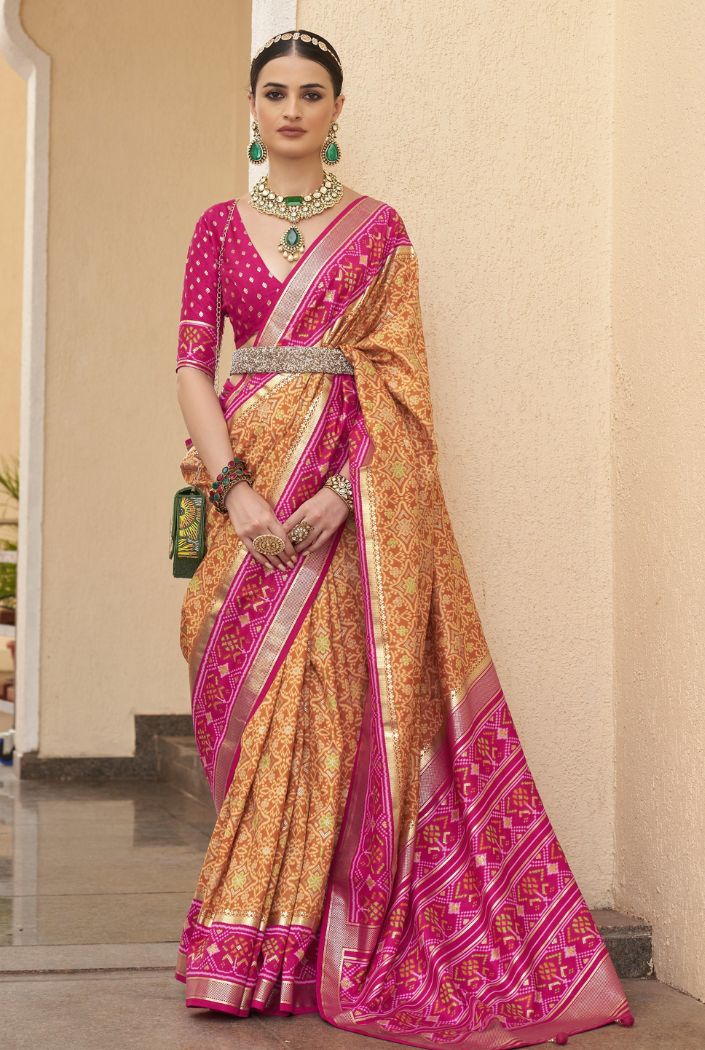 Tulip Tree Yellow and Pink Printed Patola Silk Saree