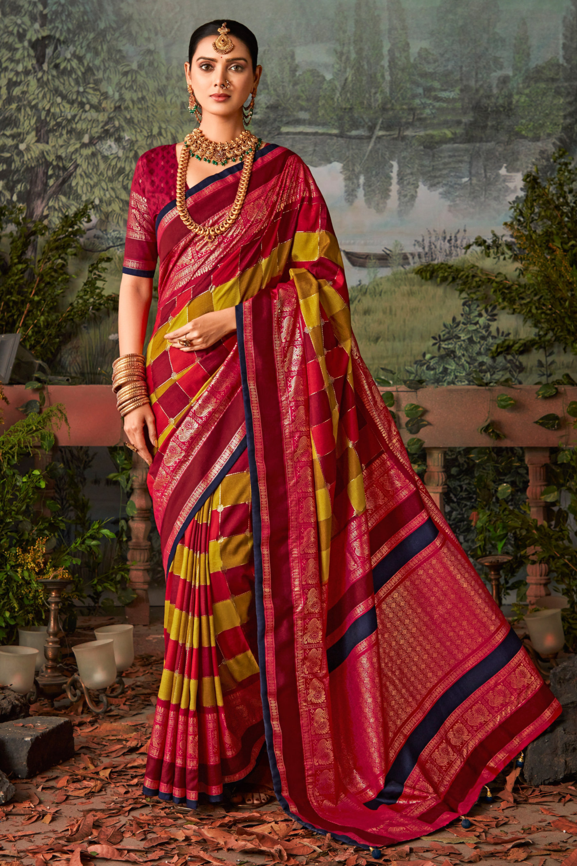 Cherry Red and Yellow Printed Pochampally Ikkat Silk Saree