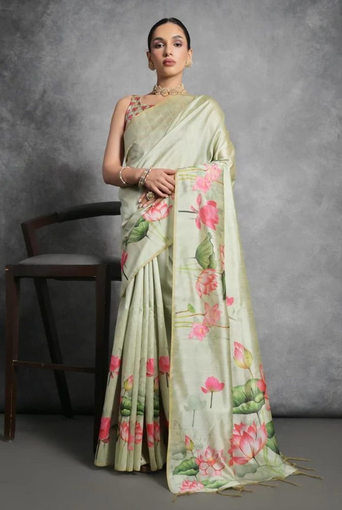 Moon Mist Green Floral Printed Tussar Silk Saree