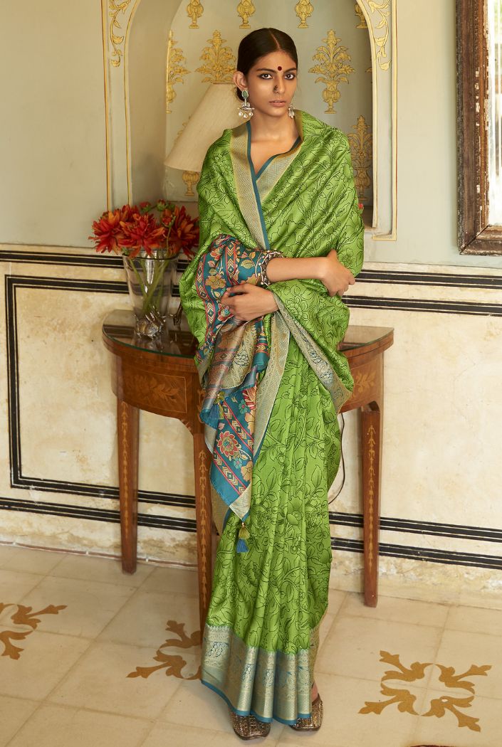 Sycamore Green Printed Kalamakri Silk Saree