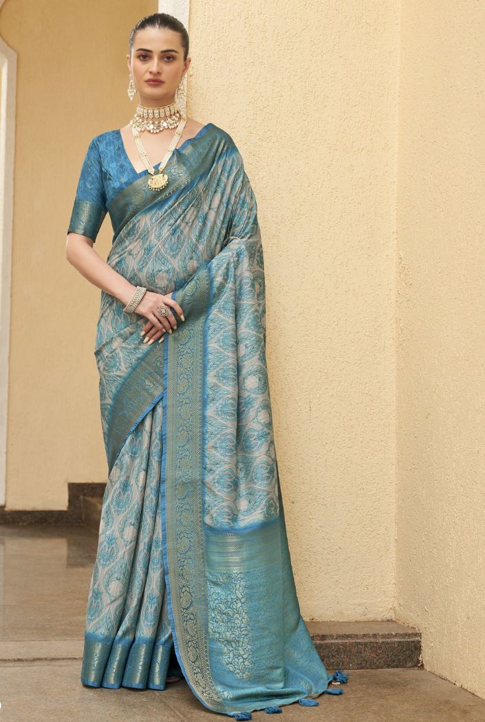 Smalt Blue Digital Printed Tussar Silk Saree