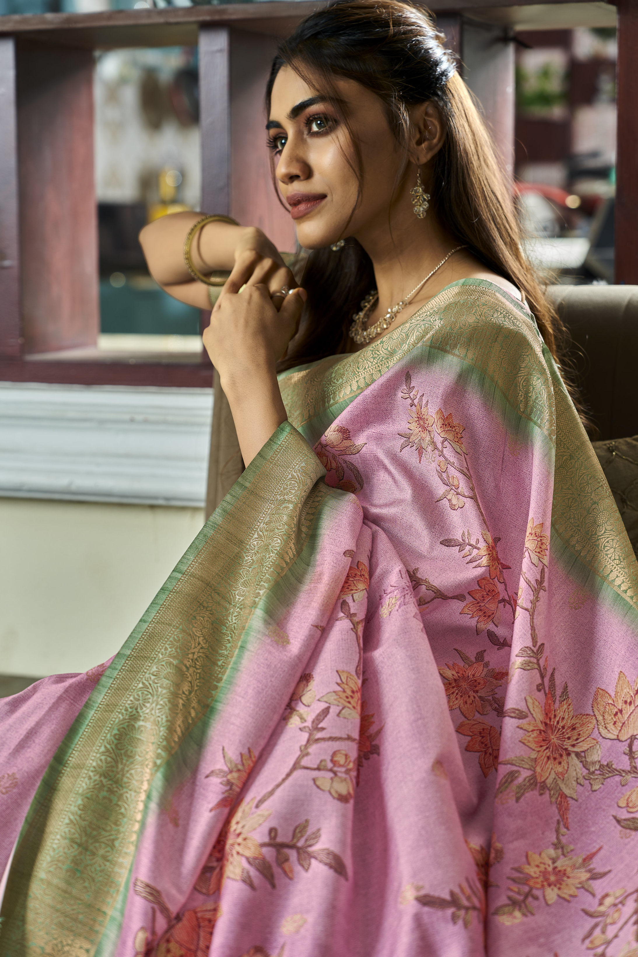 Careys Pink Banarasi Digital Printed Soft Silk Saree