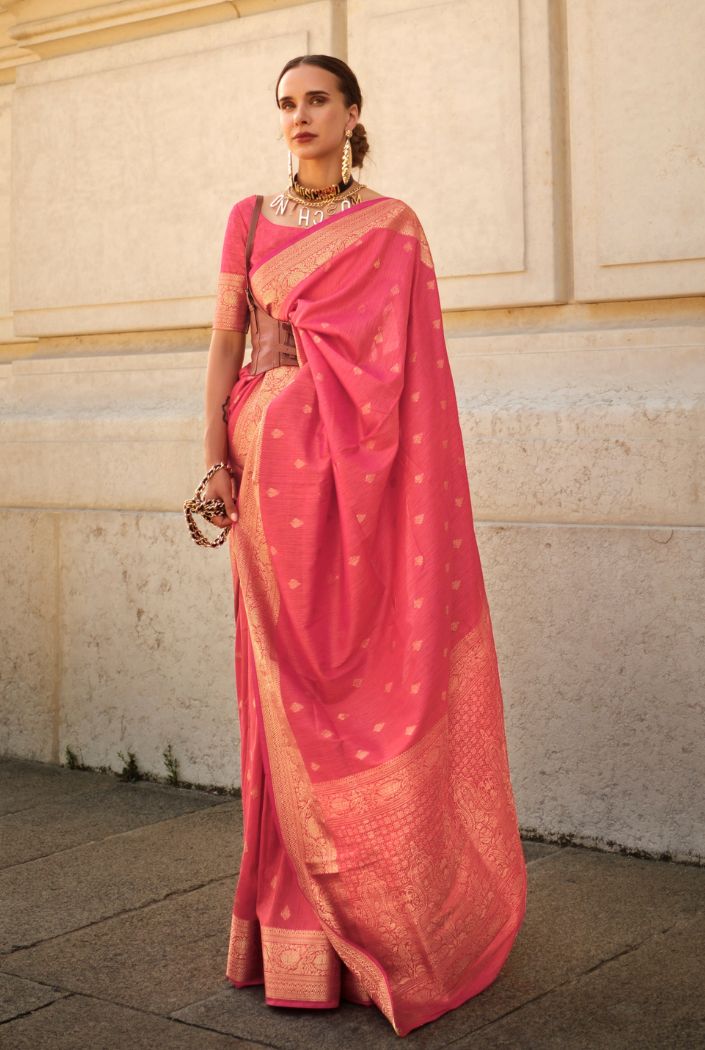 Mandy Peach Banarasi Handloom Khadi Silk Saree