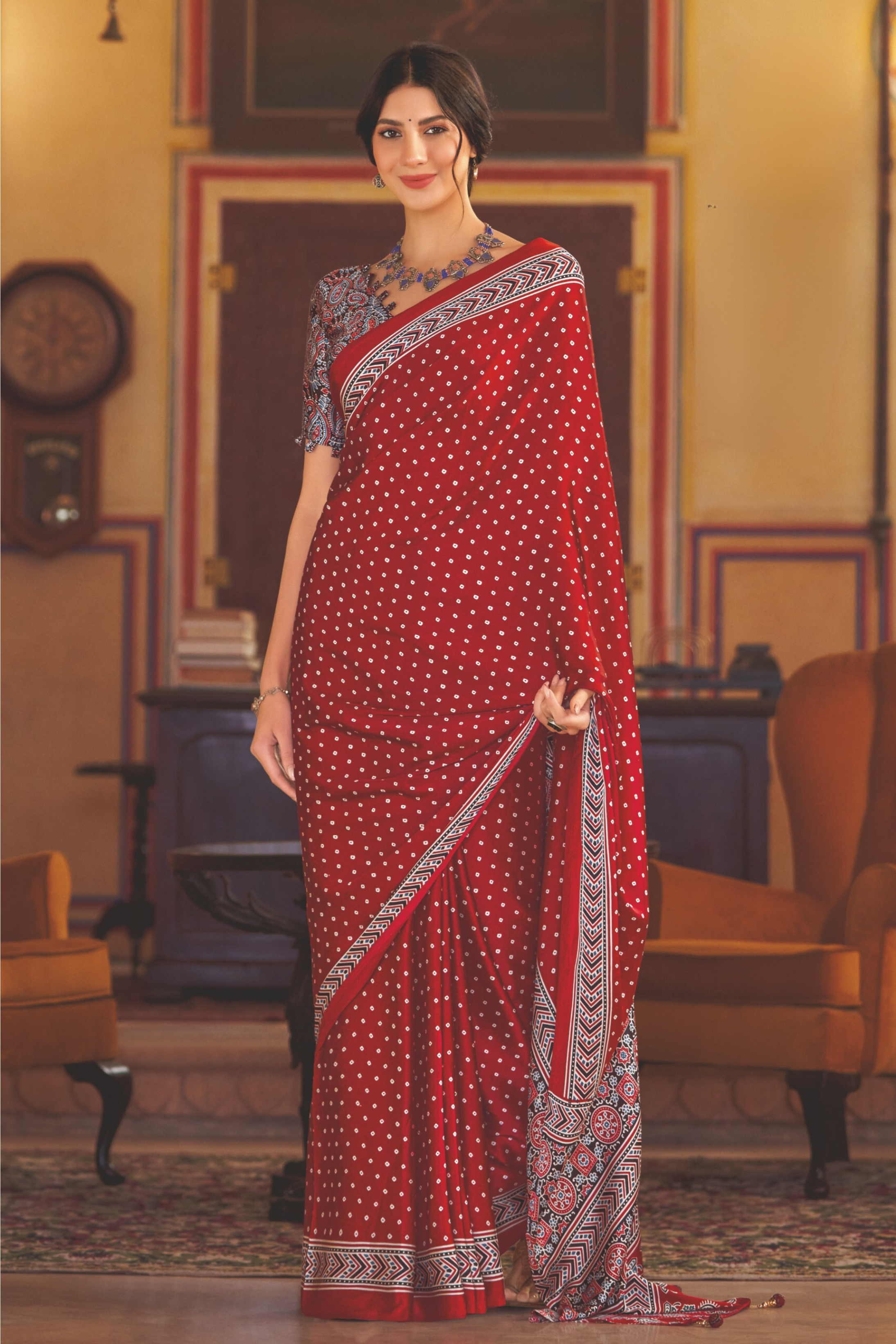 Medium Carmine Red and Maroon Ajrakh Printed Satin Crepe Saree