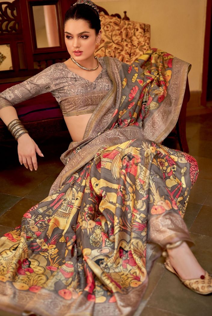 Dirt Brown Chitrapatta Kalamkari Saree