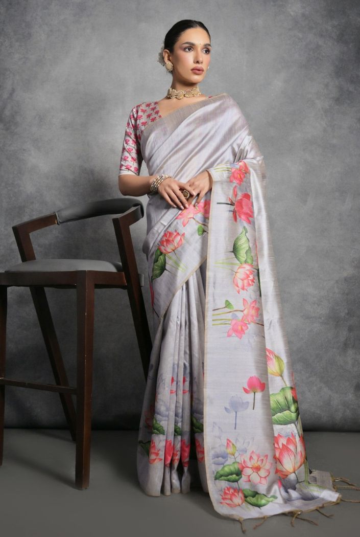 Pale Slate Grey Floral Printed Tussar Silk Saree