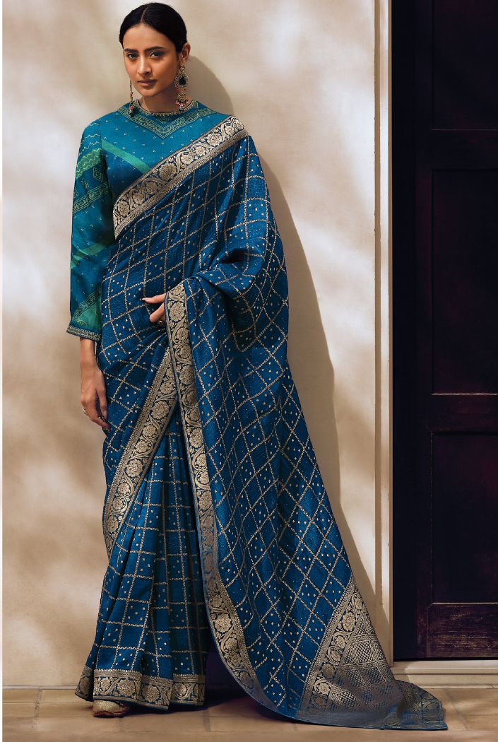 Limed Spruce Blue Designer Banarasi Silk Saree