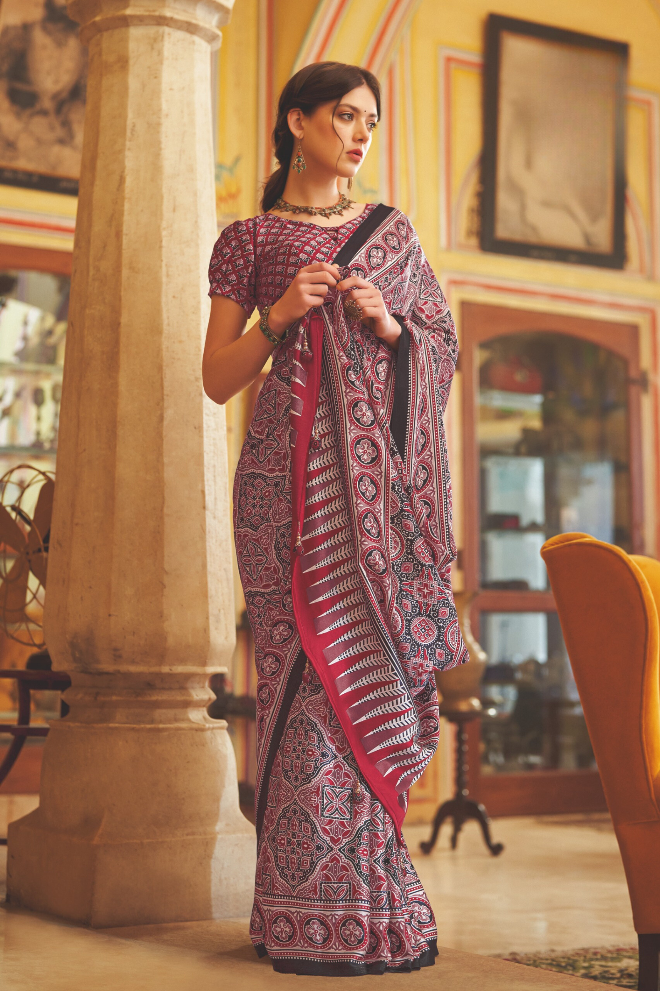 Stiletto Maroon Ajrakh Printed Satin Crepe Saree