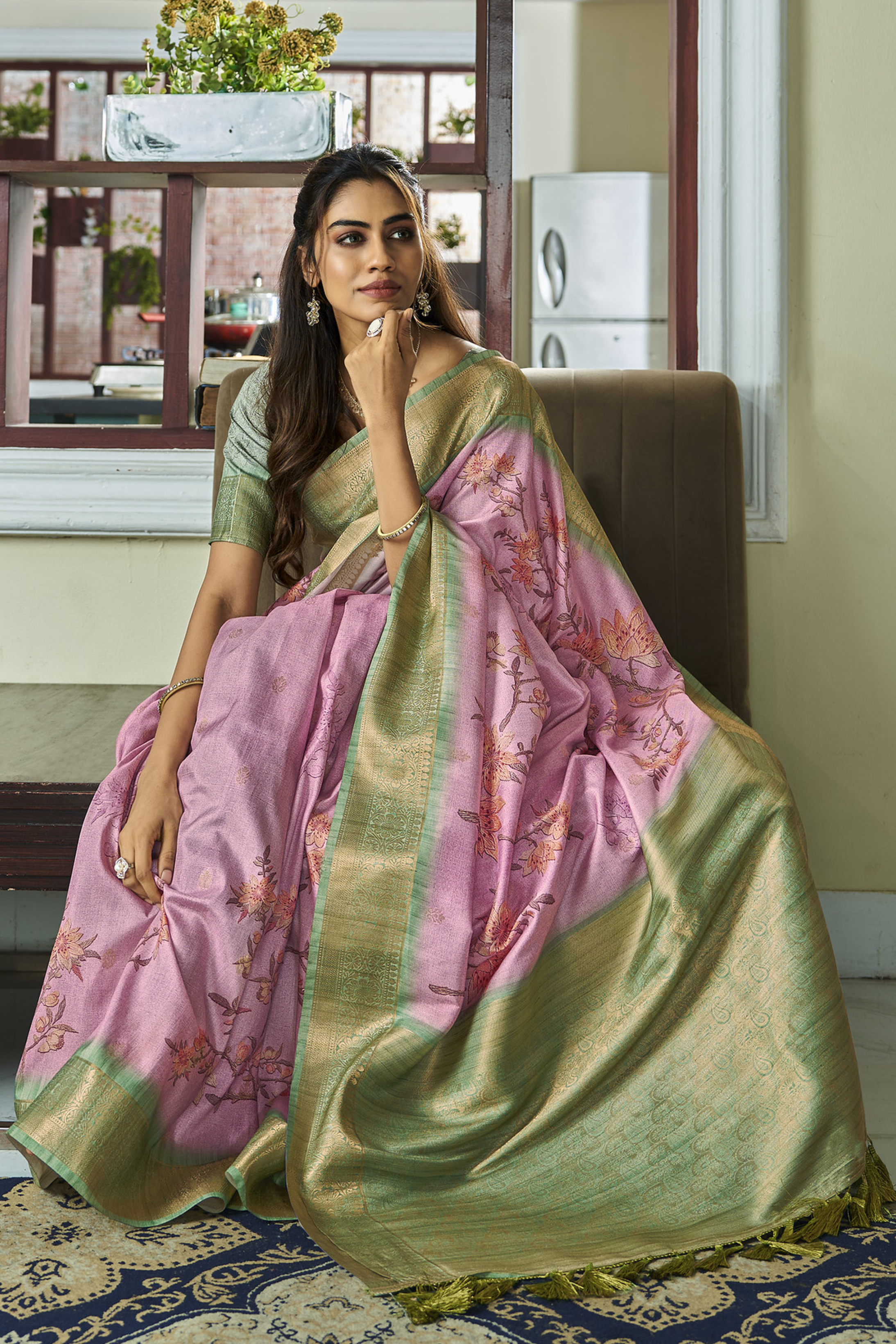 Careys Pink Banarasi Digital Printed Soft Silk Saree