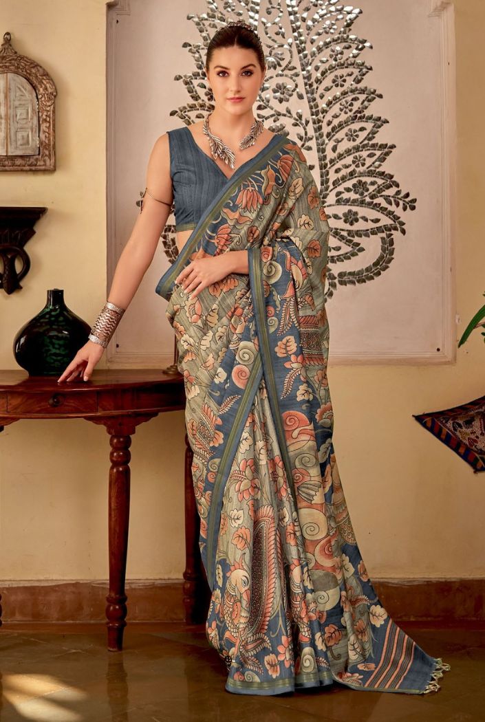 Shadow Green Chitrapatta Kalamkari Saree