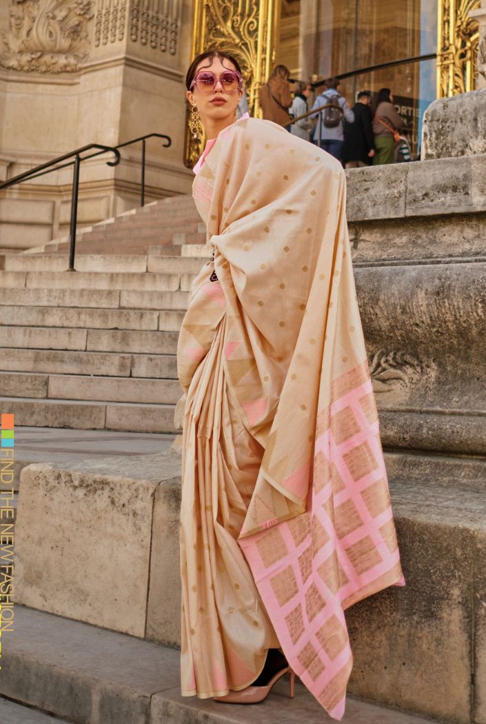 Taupe Golden South Tussar Temple Border Silk Saree