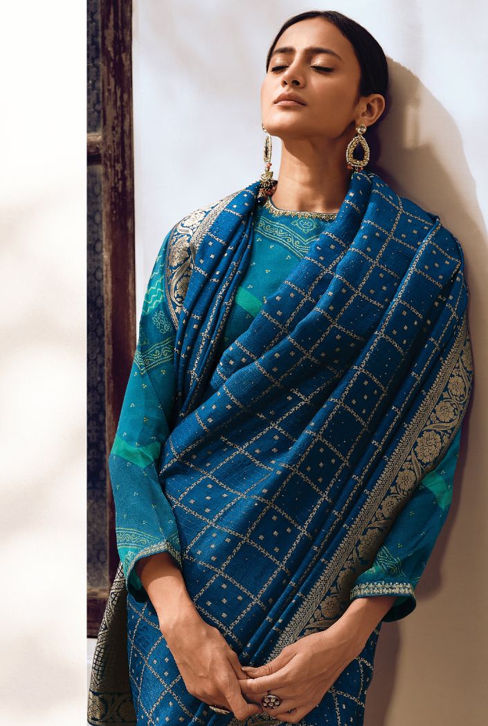 Limed Spruce Blue Designer Banarasi Silk Saree