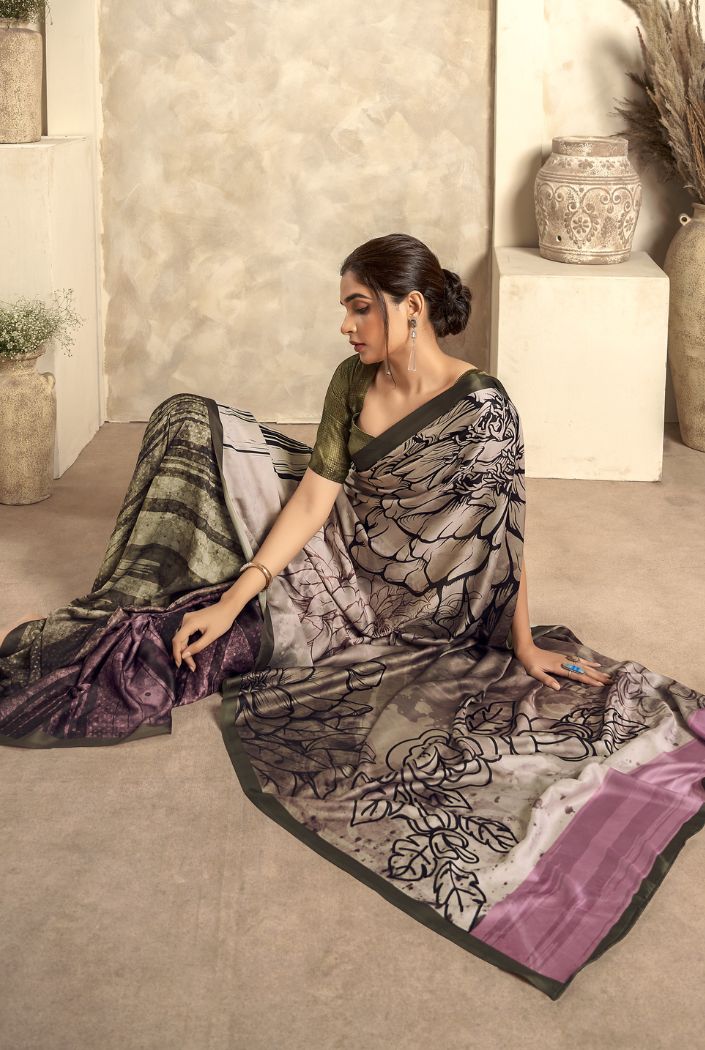 Sardine Grey Printed Satin Silk Saree