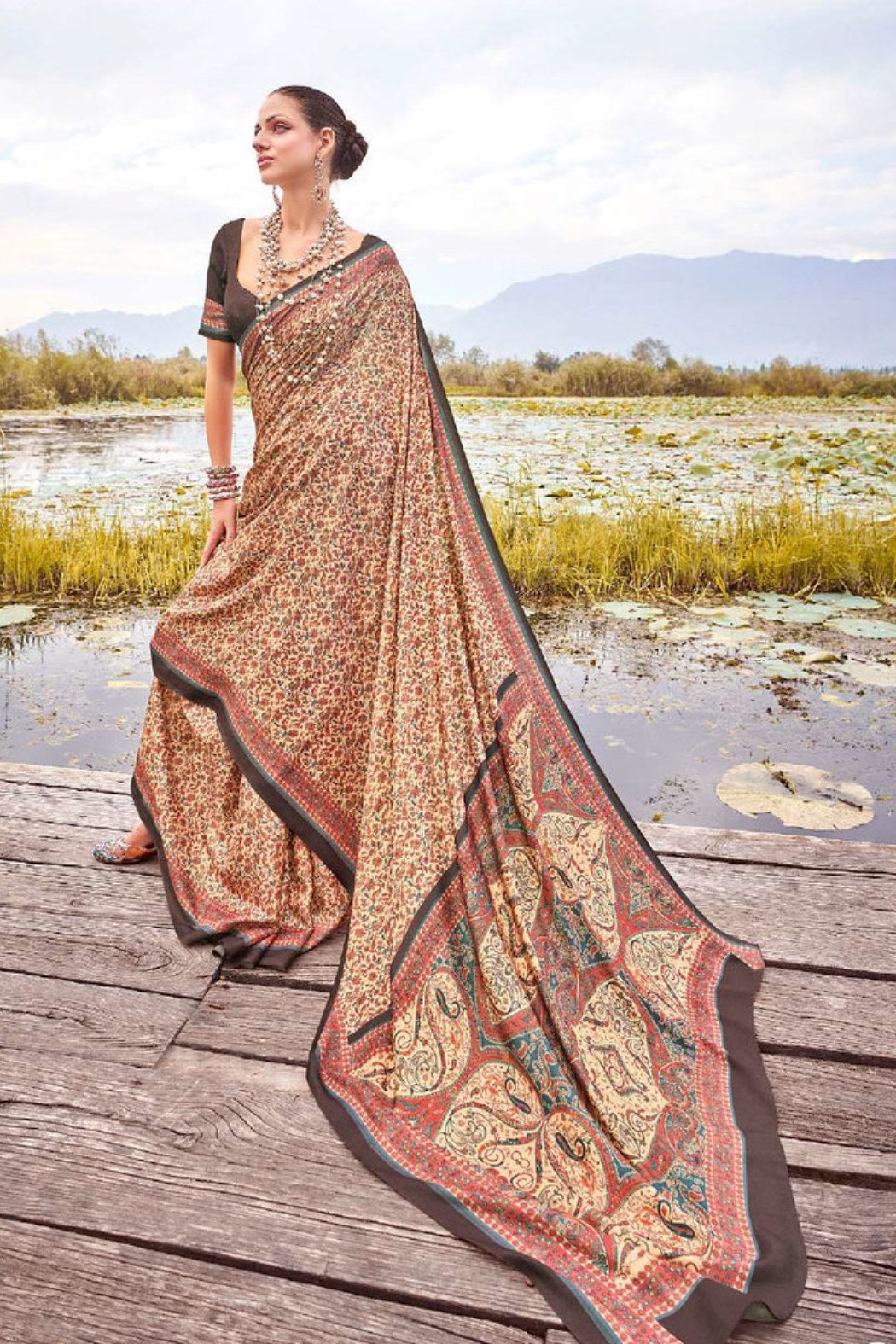 Chocolate Cream Printed Pashmina Silk Saree