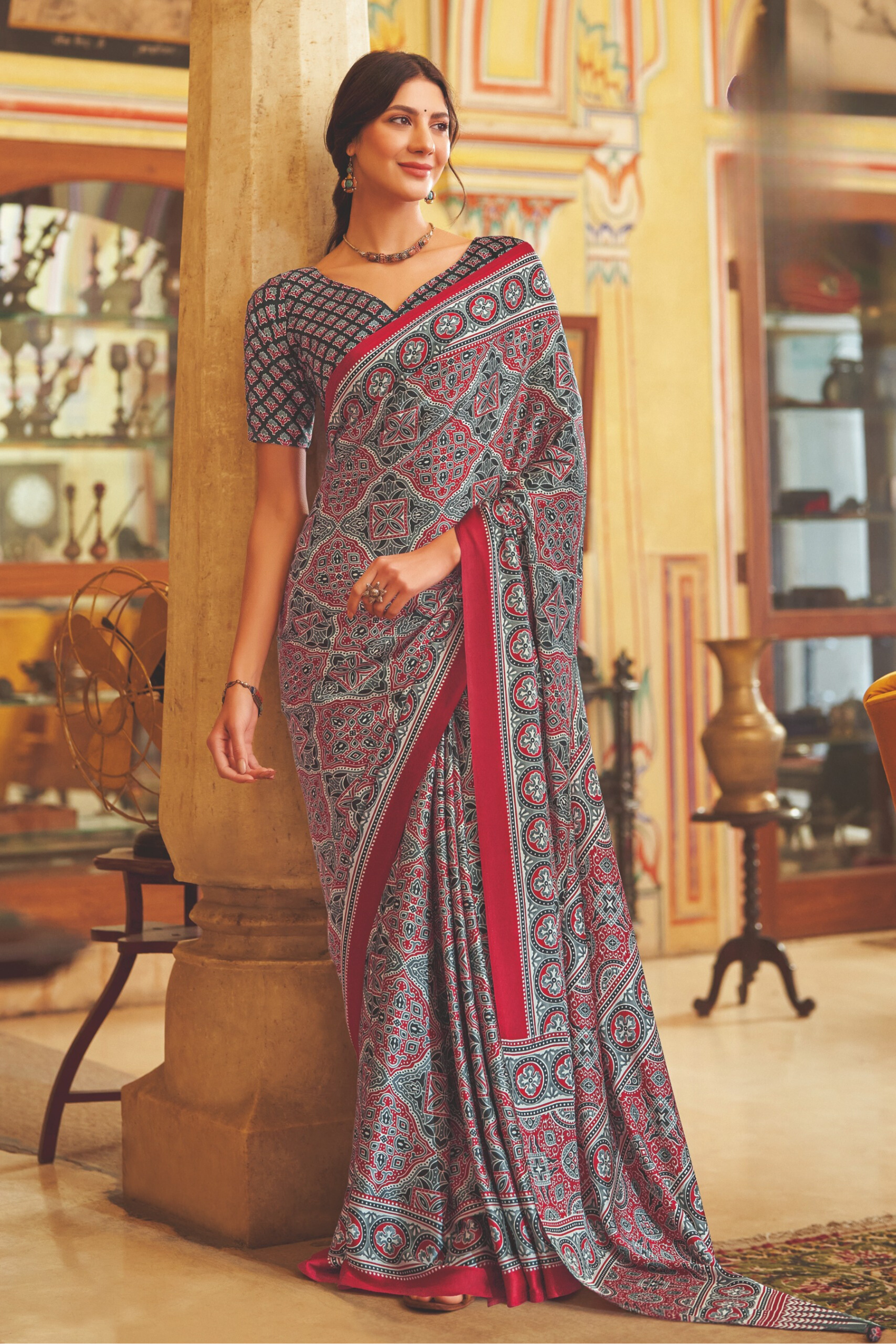 Giants Club Brown and Grey Ajrakh Printed Satin Crepe Saree