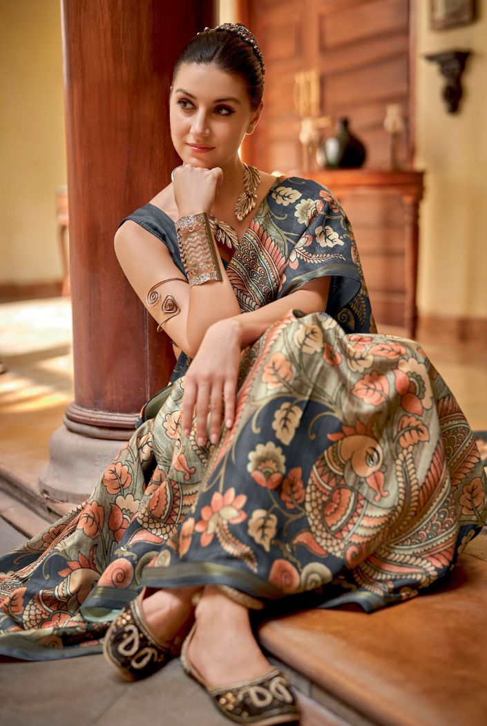 Shadow Green Chitrapatta Kalamkari Saree