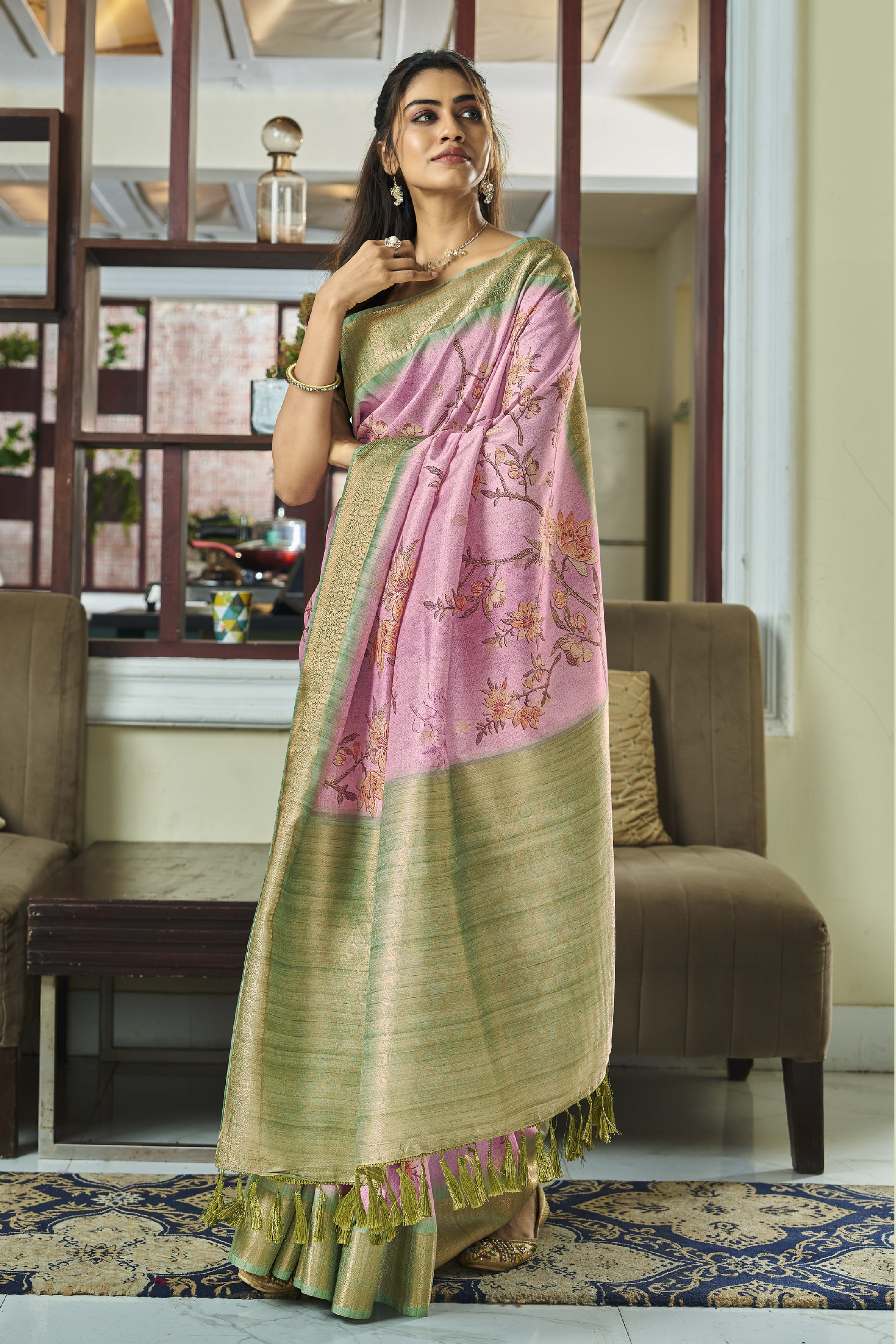 Careys Pink Banarasi Digital Printed Soft Silk Saree