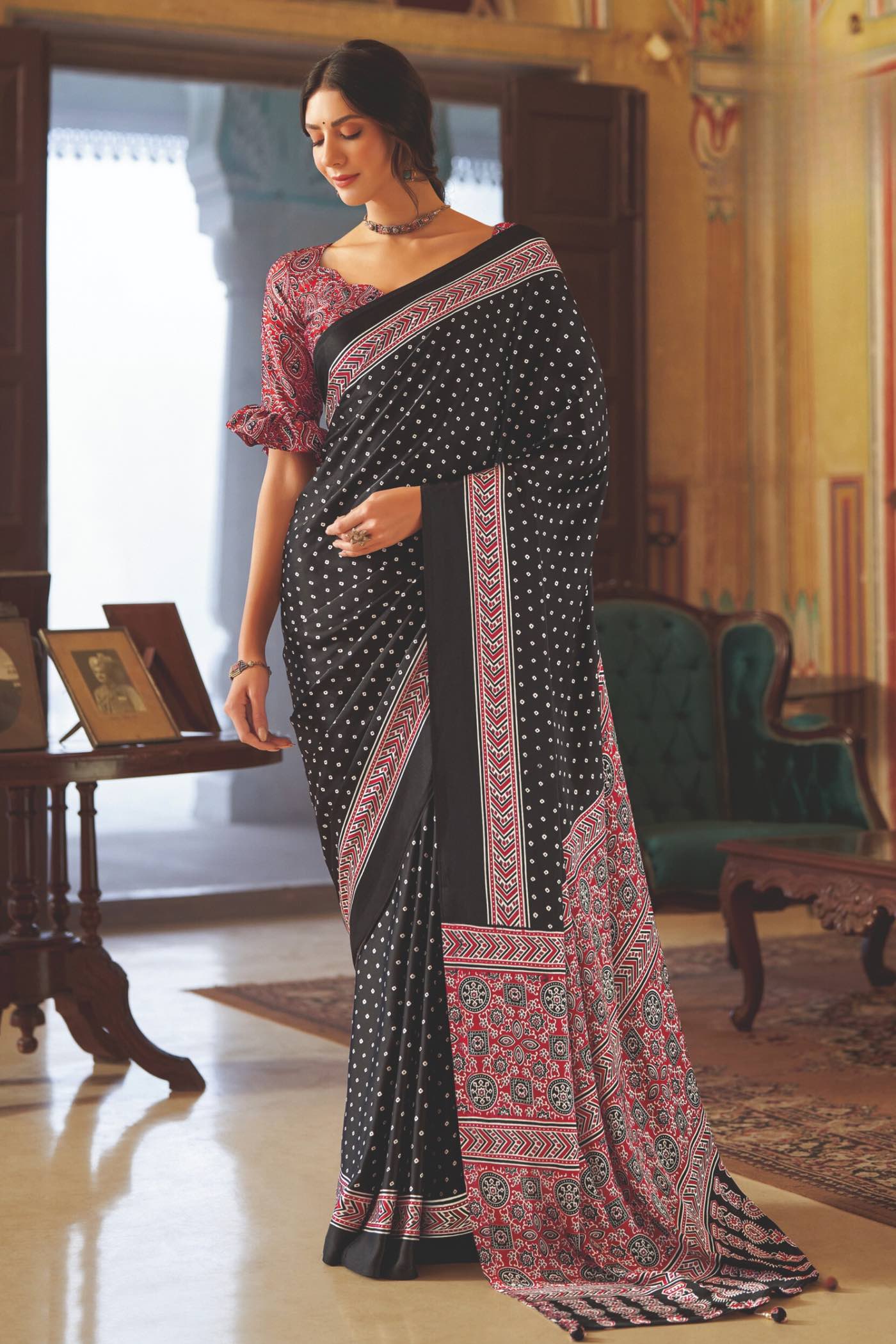 Masala Black Ajrakh Printed Satin Crepe Saree