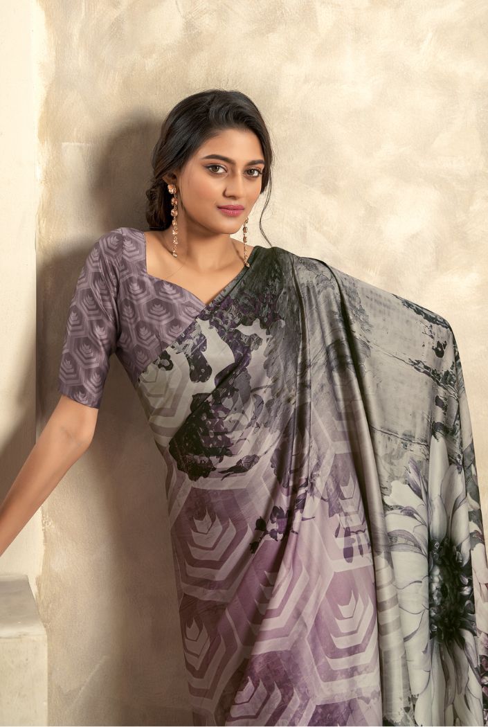 Mauve Purple and Grey Printed Satin Silk Saree