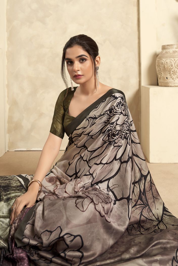 Sardine Grey Printed Satin Silk Saree