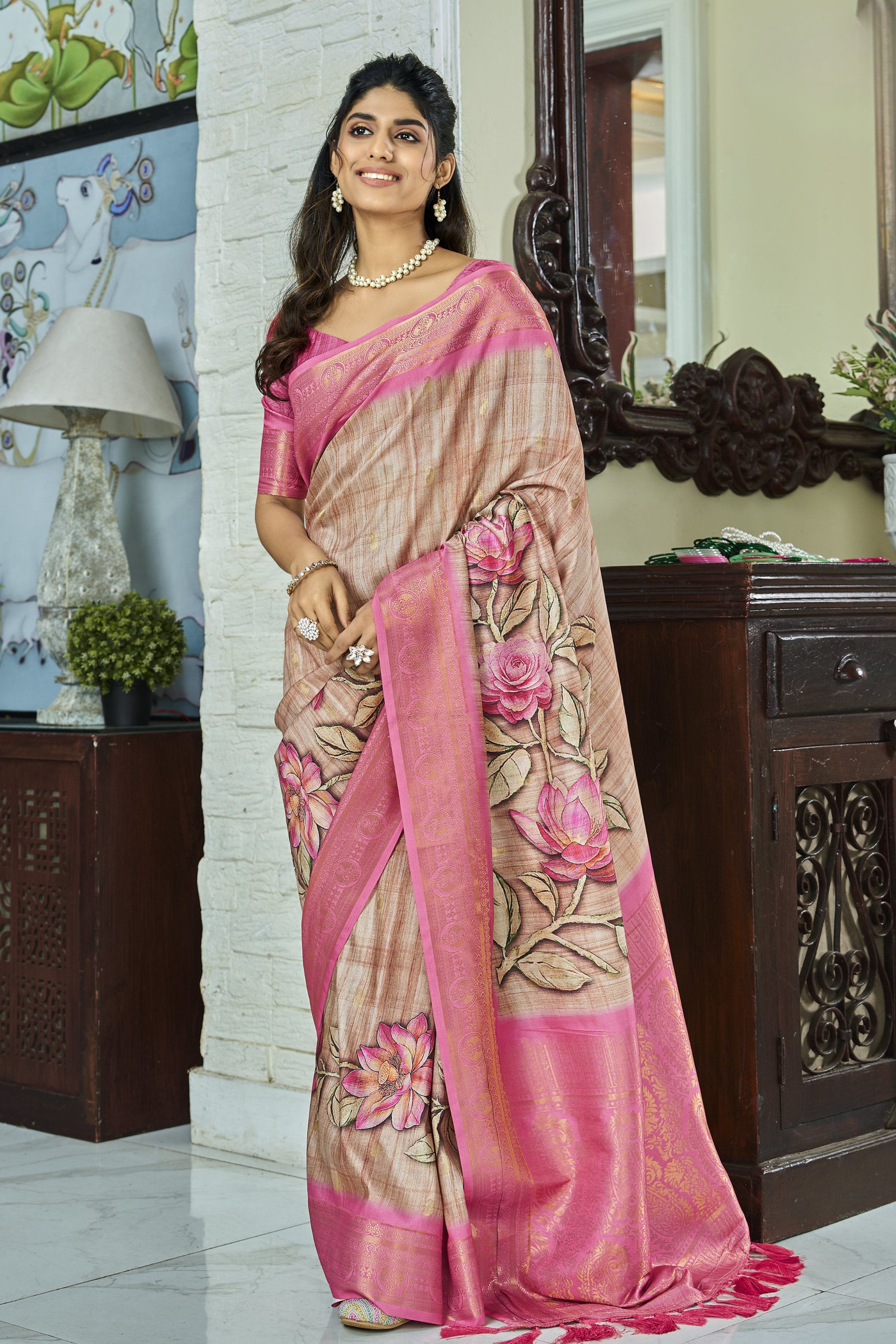 Mongoose Brown and Pink Banarasi Digital Printed Soft Silk Saree