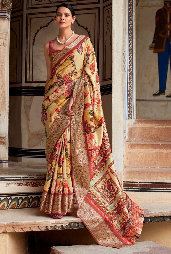 Flesh Yellow Banarasi Printed Silk Saree