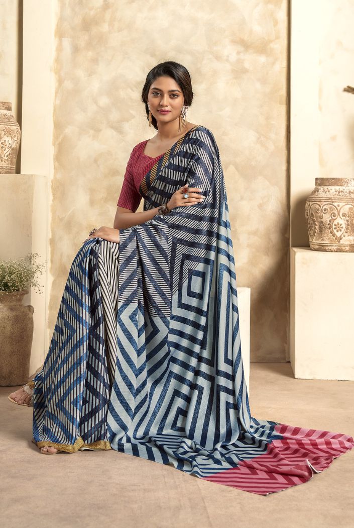 Usafa Blue Printed Satin Silk Saree