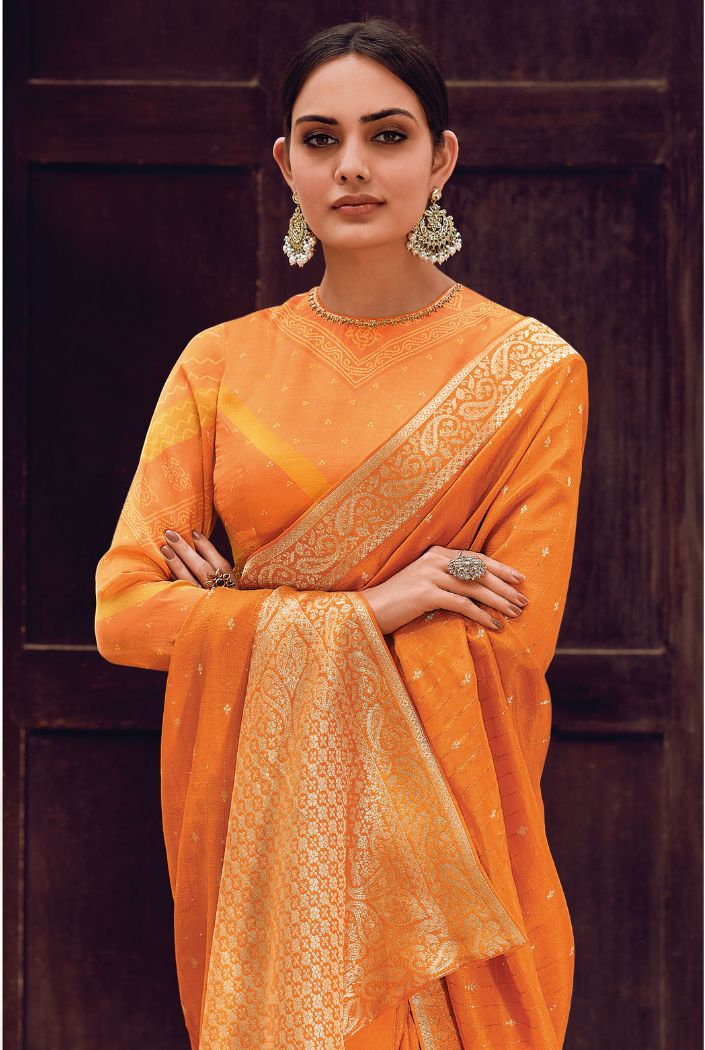 Cognac Yellow Designer Banarasi Silk Saree