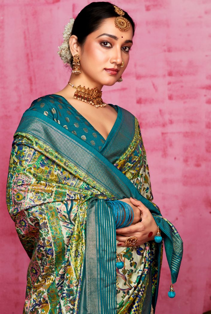 Amulet Green and Blue Patola Soft Silk Saree