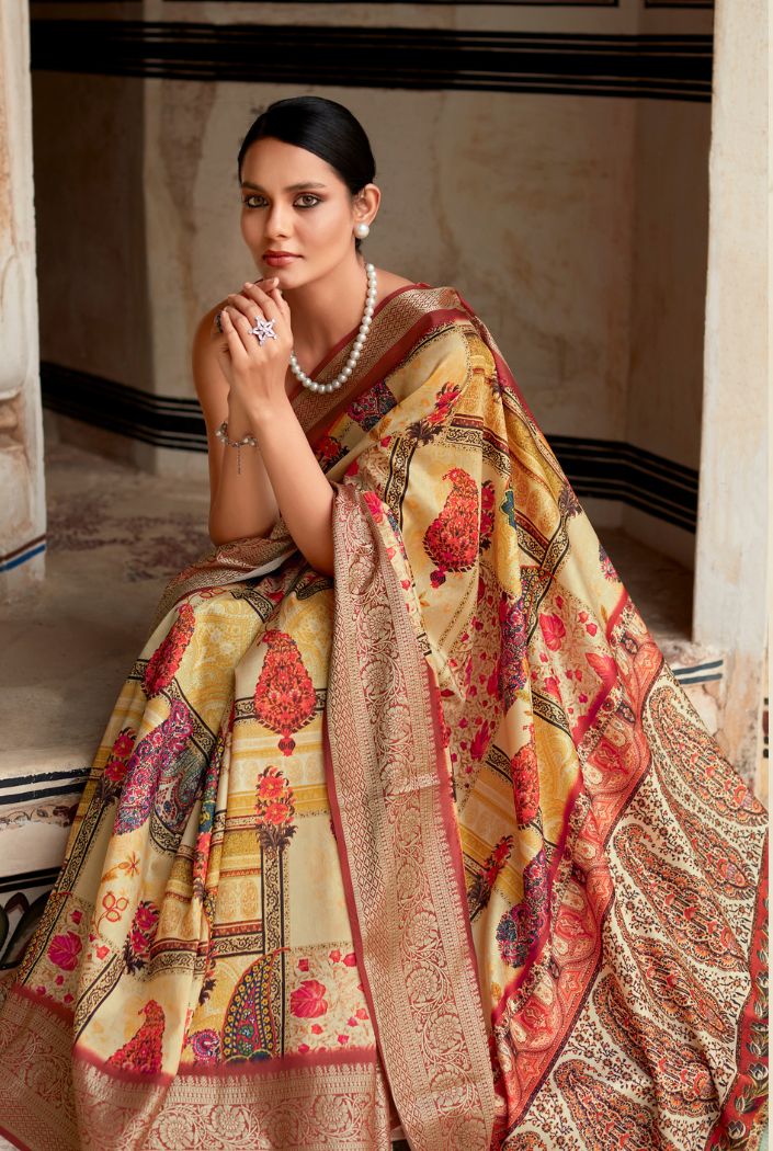 Flesh Yellow Banarasi Printed Silk Saree