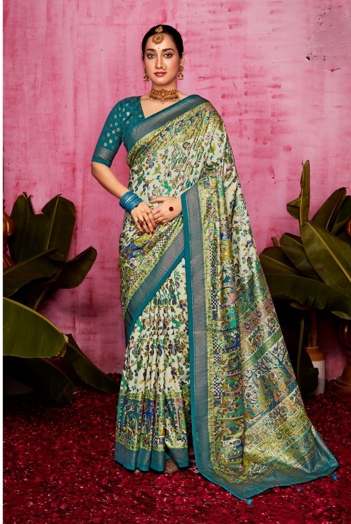 Amulet Green and Blue Patola Soft Silk Saree