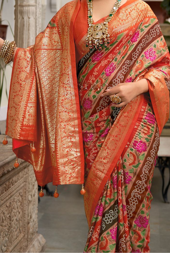 Roof Terracotta Orange Banarasi Patola Silk Saree